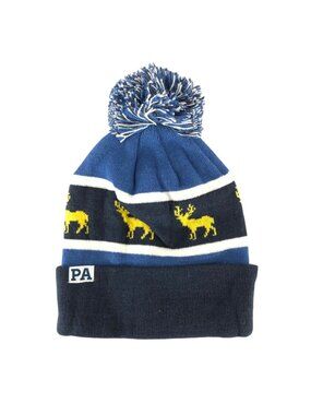 Cirque PA Pennsylvania Beanie Hat Deer Pom Cuffed Blue White Yellow One Size